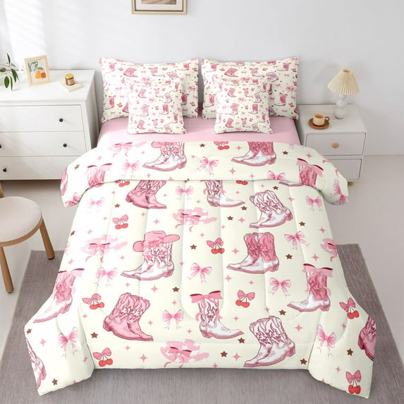 Feelyou Hippie Cowgirl Cowboy Twin Bedding Sets 7pcs, Bowknot Cherry Bedding Comforter Set