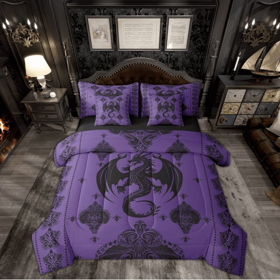Feelyou Hippie Damask Print Bedding Comforter Set 7 Pieces, Dreamy Bohemian Flower Full Bedding Set, Tribal Dragon Reversible Fitted Sheet Flat Sheet, Lightweight Room Decor