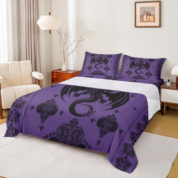 Feelyou Hippie Damask Print Queen Sheet Sets, Dreamy Bohemian Flower Flat Sheet, Tribal Dragon Queen Fitted Sheet, Lightweight Room Decor, 4pcs