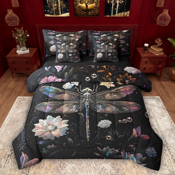 Feelyou Hippie Dragonfly Animal Twin Bedding Sets 7pcs, Flower Bedding Comforter Set