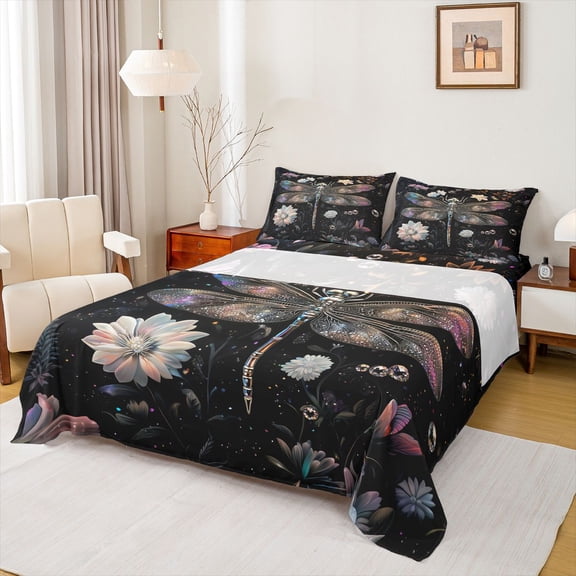 Feelyou Hippie Dragonfly Animal Twin Sheet Sets, Jungle Flower Plant Bedding, 3-Piece