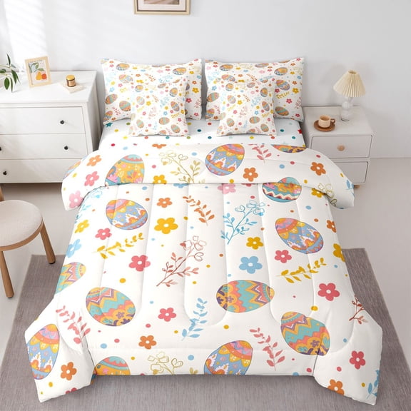 Feelyou Hippie Easter Eggs Bedding Comforter Set 7pcs for Kids, Cartoon Leaf Flower King Bedding Sets, Spring Festival Reversible Bed Sheets, Breathable Home Decor