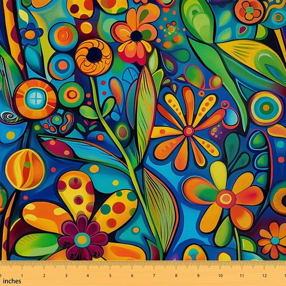 Feelyou Hippie Flower Floral Fabric by the Yard 2 Yards for Kid, Green Orange Room Decor Fabric by the Yard, Retro Cartoon Plant Fabric for Sewing, Lightweight Room Decor