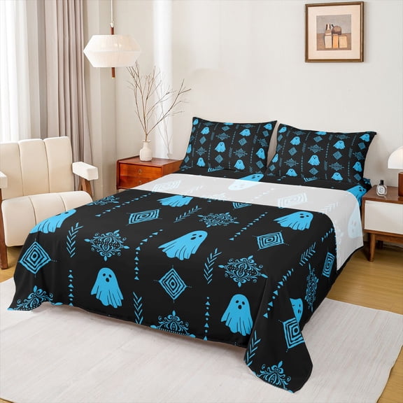 Feelyou Hippie Ghost Teens Full Size Sheets, Bohemian Damask Aztec Bed Sheets, 4pcs
