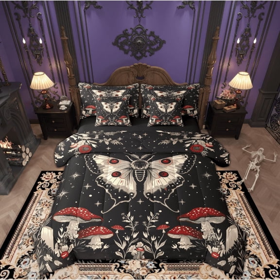 Feelyou Hippie Gothic Moth Bedding Comforter Set 7pcs, Bohemian Jungle Plant Queen Bedding Sets, Mystic Constellation Reversible Queen Sheet Sets, Ultra Soft Home Decor
