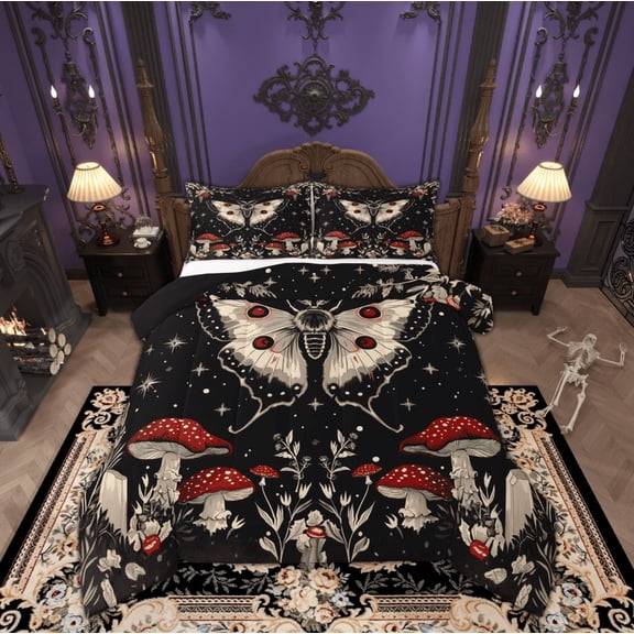 Feelyou Hippie Gothic Moth Queen Comforter Set, Bohemian Jungle Plant Bedding Sets, Mystic Constellation Reversible Bedding Comforter Set, Ultra Soft Home Decor, 3pcs