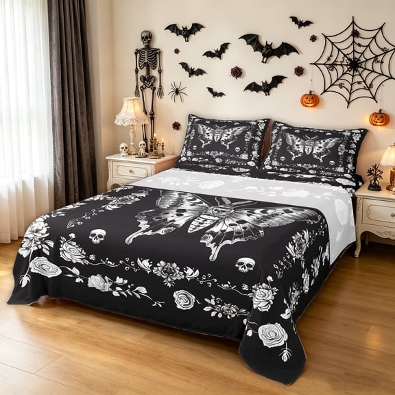 Feelyou Hippie Gothic Moth Queen Sheets, Boho Skull Rose Queen Sheet Sets, Black White, 4-Piece, 1 Flat Sheet, 1 Fitted Sheet and 2 Pillowcases