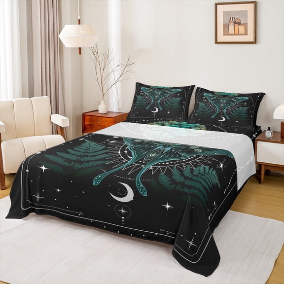 Feelyou Hippie Green Butterfly Bed Sheets, Bohemian Star Moon King Sheets, Teens Kids Boys Girls Sheet Set, Super Cozy Room Decor, 4pcs