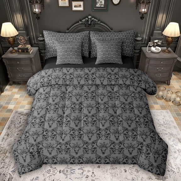 Feelyou Hippie Grey Damask Twin Bedding Sets 7pcs, Western Sheep Skull Comforter Set