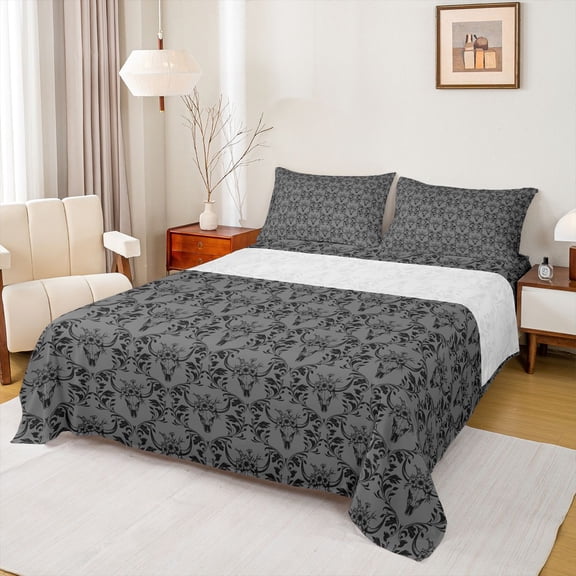 Feelyou Hippie Grey Damask Twin Sheet Sets, Western Sheep Skull Bedding, 3 Pieces