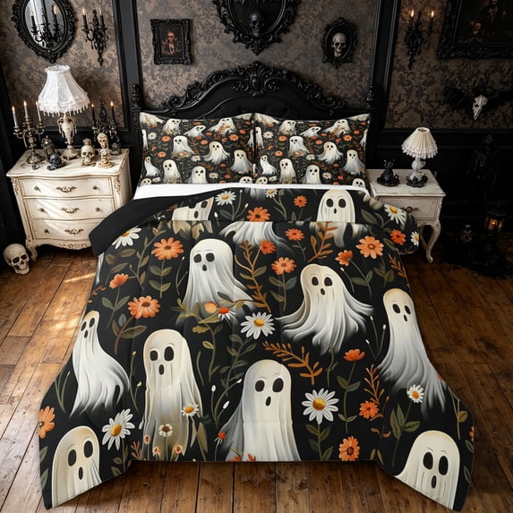 Feelyou Hippie Halloween Ghost Full Size Comforter Sets, Orange Bohe,ian Floral Bedding Comforter Set,, Black Reversible, 3-Piece, 1 Comforter and 2 Pillowcases