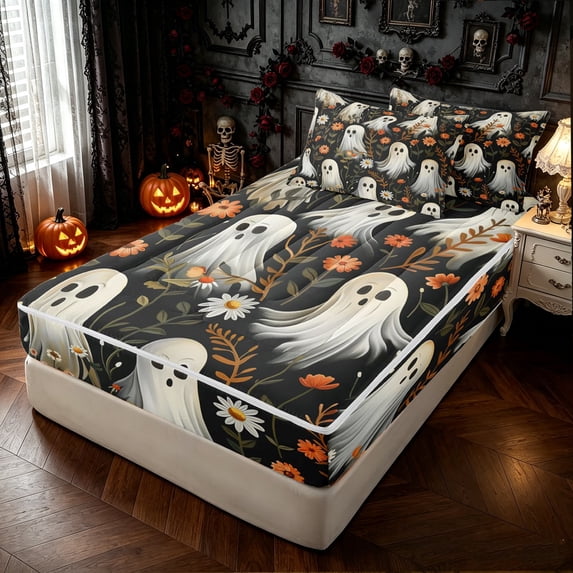Feelyou Hippie Halloween Ghost Zipper Full Size Comforter Sets with Fitted Sheet and 2 Pillowcases, Orange Bohe,ian Floral Zipper Bedding Set,, Black Reversible, 4-Piece