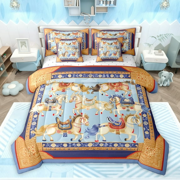 Feelyou Hippie Horse Animal Bedding Comforter Set 7 Pieces, Mandala Western Damask Full Bedding Set, Vintage Bohemian Style Reversible Fitted Sheet Flat Sheet, Lightweight Room Decor