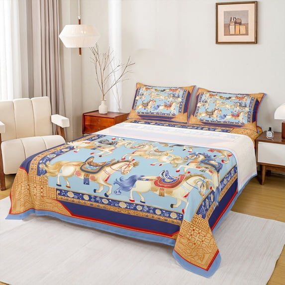 Feelyou Hippie Horse Animal Twin Sheet Sets, Mandala Western Damask Twin Fitted Sheet, Vintage Bohemian Style Flat Sheet, Lightweight Room Decor, 3pcs