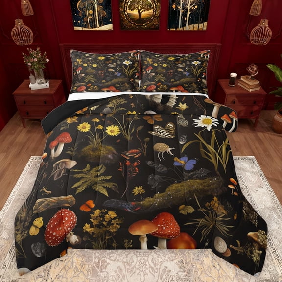 Feelyou Hippie Leaf Botanical Bedding Comforter Set, Cartoon Mushroom Plant Twin Comforter Sets, Jungle Moth Snail Reversible Bedding Set, Ultra Soft Bedroom Decor, 2pcs