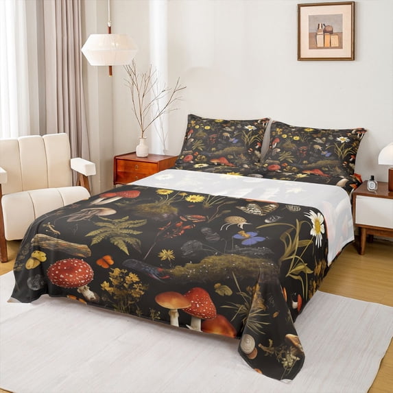 Feelyou Hippie Leaf Botanical Full Size Sheets, Cartoon Mushroom Plant Bed Sheets, Jungle Moth Snail Sheet Sets, Ultra Soft Bedroom Decor, 4pcs