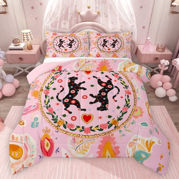 Feelyou Hippie Leopard Queen Comforter Set, Pink Boho Flower Leaf Bedding Set, 3pcs