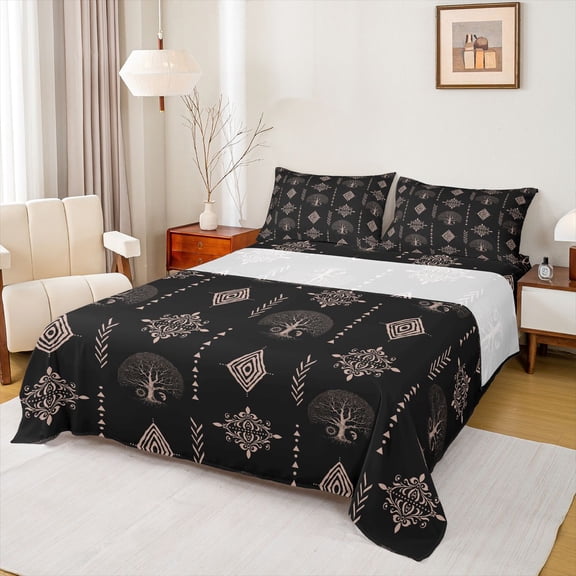 Feelyou Hippie Life Tree Twin Sheet Sets, Damask Aztec Triangle Bedding, 3-Piece