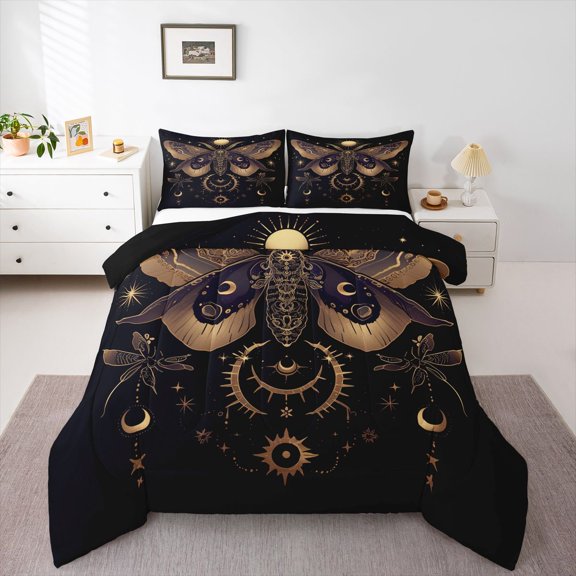 Feelyou Hippie Magic Moth Bedding Comforter Set, Rustic Mystic Moon Sun Twin Comforter Sets, Teens Adult Men Women Reversible Bedding Set, Lightweight Room Decor, 2-Piece
