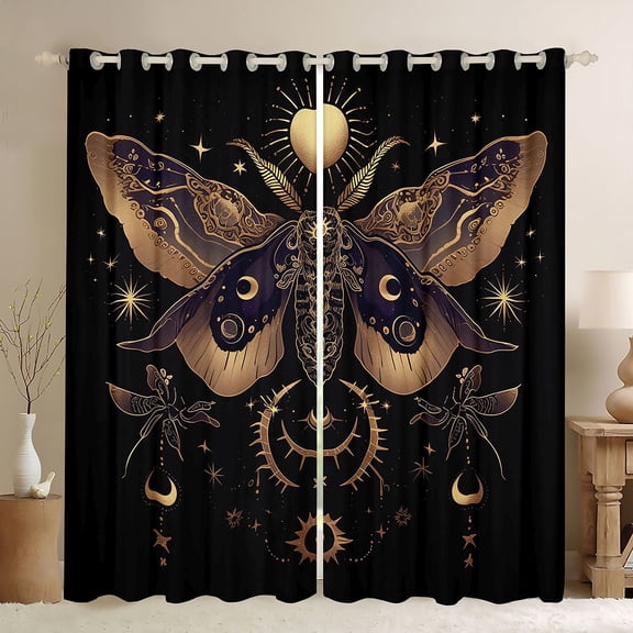 Feelyou Hippie Magic Moth Blackout Curtains Set of 2 (52x84 Each), Rustic Mystic Moon Sun Window Curtains, Teens Adult Men Women Curtains and Drapes, Curtains and Drapes Decor