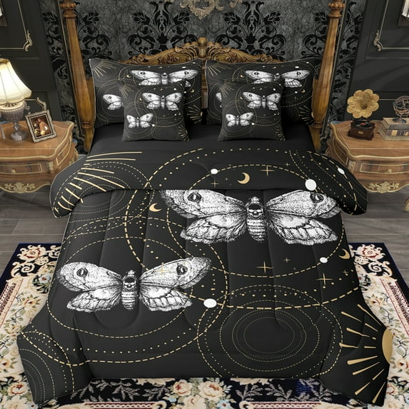 Feelyou Hippie Moth Butterfly Bedding Comforter Set 7pcs, Mystic Moon Galaxy King Bedding Sets, Black White Bohemian Style Reversible Bed Sheets, Super Cozy Room Decor