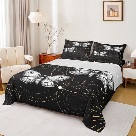 Feelyou Hippie Moth Butterfly Twin Sheet Sets, Mystic Moon Galaxy Twin Fitted Sheet, Black White Bohemian Style Flat Sheet, Super Cozy Room Decor, 3pcs
