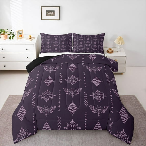 Feelyou Hippie Moth Full Size Comforter Sets, Damask Aztec Triangle Bedding Sets, 3pcs