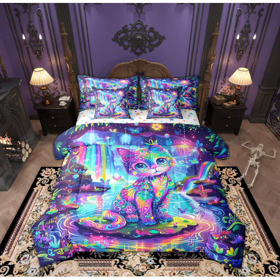 Feelyou Hippie Neon Cat Bedding Comforter Set 7pcs for Kids, Fairy Tale Waterfall Queen Bedding Sets, Kawaii Cartoon Animal Reversible Queen Sheet Sets, Luxury Bedroom Decor
