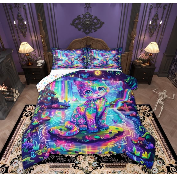 Feelyou Hippie Neon Cat Bedding Comforter Set for Kids, Fairy Tale Waterfall Twin Comforter Sets, Kawaii Cartoon Animal Reversible Bedding Set, Luxury Bedroom Decor, 2pcs