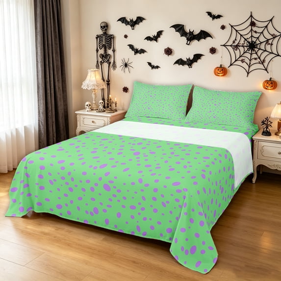 Feelyou Hippie Polka Dot Queen Sheets, Cute Spot Queen Sheet Sets, Green Purple, 4-Piece, 1 Flat Sheet, 1 Fitted Sheet and 2 Pillowcases