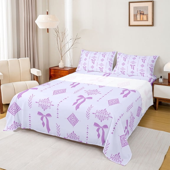 Feelyou Hippie Ribbon Bow Teen Queen Sheet Sets, Tribal Aztec Abstract Bed Set, 4pcs