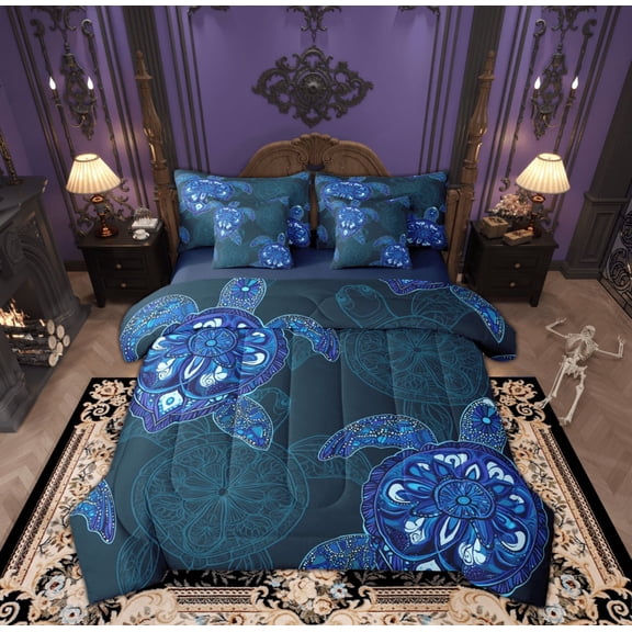 Feelyou Hippie Sea Turtle Bedding Comforter Set 7-Piece, Mystic Blue Damask Print King Bedding Sets, Mandala Bohemian Style Reversible Bed Sheets, Ultra Soft Home Decor