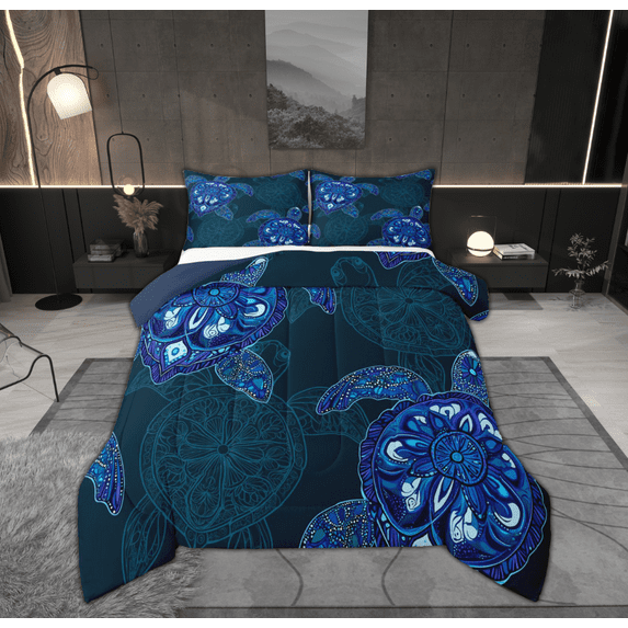Feelyou Hippie Sea Turtle Bedding Comforter Set, Mystic Blue Damask Print Twin Comforter Sets, Mandala Bohemian Style Reversible Bedding Set, Ultra Soft Home Decor, 2pcs