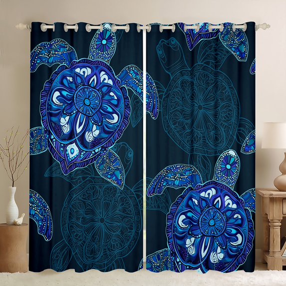Feelyou Hippie Sea Turtle Black Out Curtains, Mystic Blue Damask Print Curtains Pack of 2 (42x63 Each), Mandala Bohemian Style Bedroom Curtains, Curtains and Drapes Home Decor