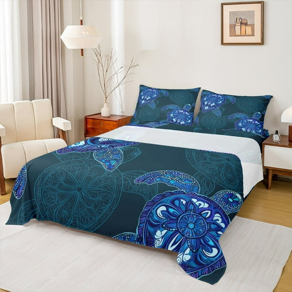 Feelyou Hippie Sea Turtle Twin Sheet Sets, Mystic Blue Damask Print Twin Fitted Sheet, Mandala Bohemian Style Flat Sheet, Ultra Soft Home Decor, 3pcs