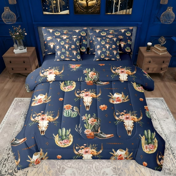 Feelyou Hippie Sheep Skeleton Bedding Comforter Set 7pcs, Rose Flower Cactus King Bedding Sets, Western Cowgirl Boot Reversible Bed Sheets, Super Cozy Room Decor