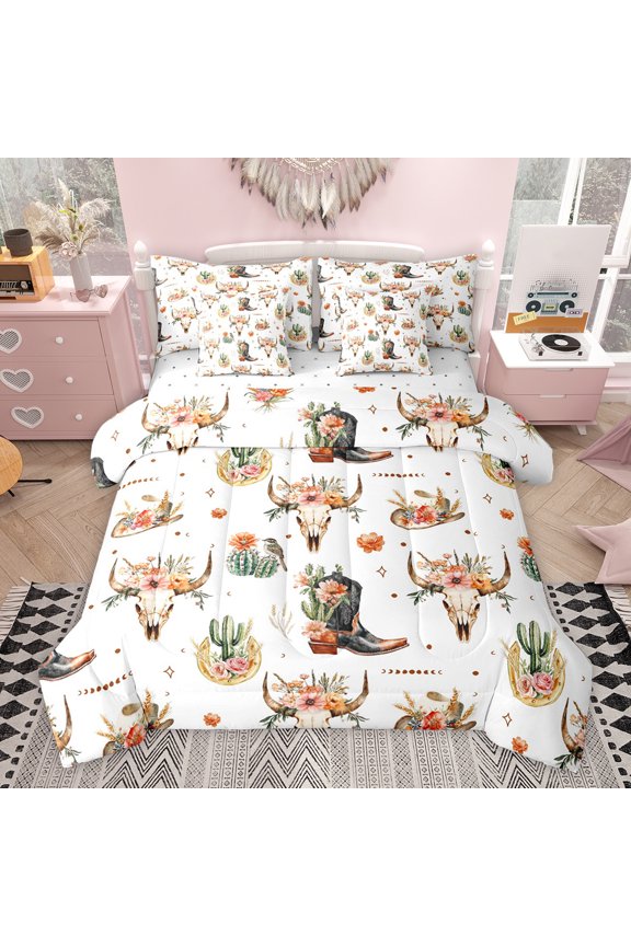 Hippie Sheep Skeleton Bedding Comforter Set 7pcs, Western Cactus Flower King Bedding Sets, Kawaii Cowgirl Boot Reversible Bed Sheets, Microfiber Bedroom Decor