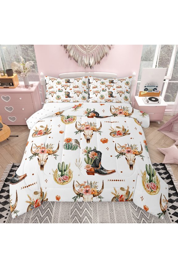 Hippie Sheep Skeleton Queen Comforter Set, Western Cactus Flower Bedding Sets, Kawaii Cowgirl Boot Reversible Bedding Comforter Set, Microfiber Bedroom Decor, 3 Pieces