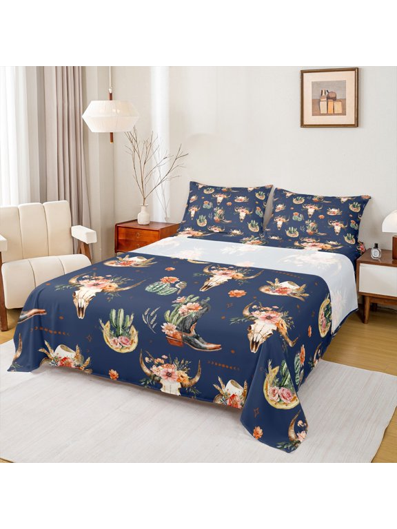 Hippie Sheep Skeleton Queen Sheet Sets, Rose Flower Cactus Flat Sheet, Western Cowgirl Boot Queen Fitted Sheet, Super Cozy Room Decor, 4 Pieces