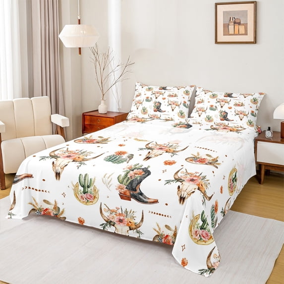 Feelyou Hippie Sheep Skeleton Queen Sheet Sets, Western Cactus Flower Flat Sheet, Kawaii Cowgirl Boot Queen Fitted Sheet, Microfiber Bedroom Decor, 4 Pieces