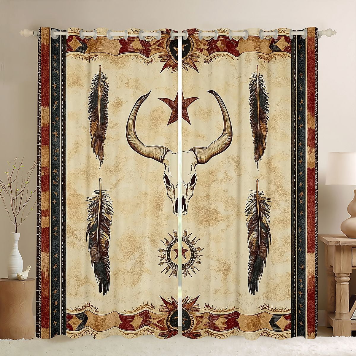 Feelyou Hippie Sheep Skull Black Out Curtains for Men, Vintage Western ...