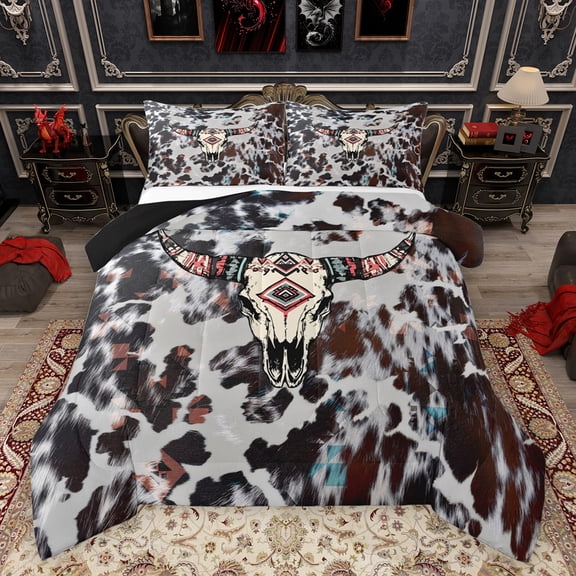 Feelyou Hippie Sheep Skull Queen Comforter Set for Adult, Grey Brown Cow Print Bedding Sets, Southwestern Reversible Bedding Comforter Set, Lightweight Room Decor, 3pcs