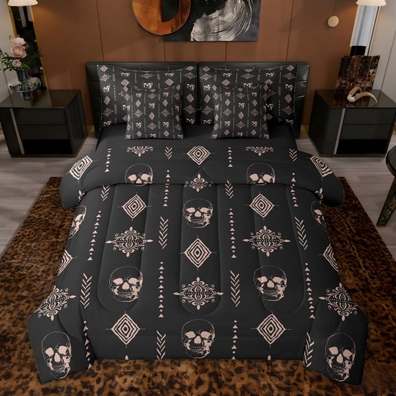 Feelyou Hippie Skeleton Comforter Set 7pcs, Damask Aztec Triangle King Bedding Sets