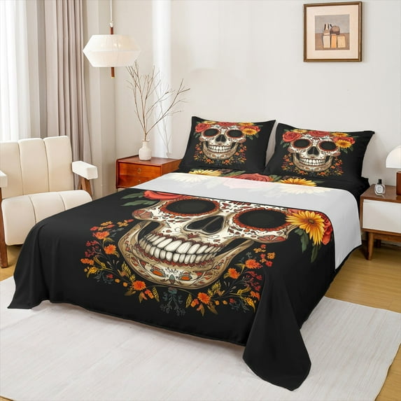 Feelyou Hippie Skeleton Full Size Sheets, Rustic Farmhouse Flower Bed Sheets, Sugar Halloween Theme Sheet Sets, Breathable Home Decor, 4pcs