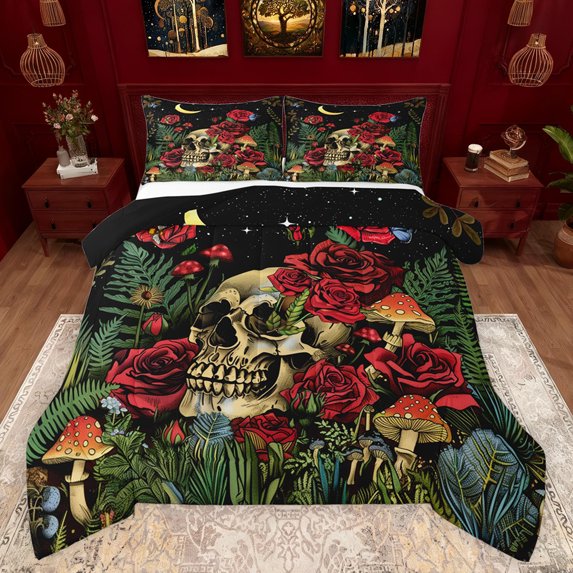 Feelyou Hippie Skeleton Skull Bedding Comforter Set, Western Jungle Mushroom Twin Comforter Sets, Bohemian Mystic Galaxy Reversible Bedding Set, Microfiber Bedroom Decor, 2pcs