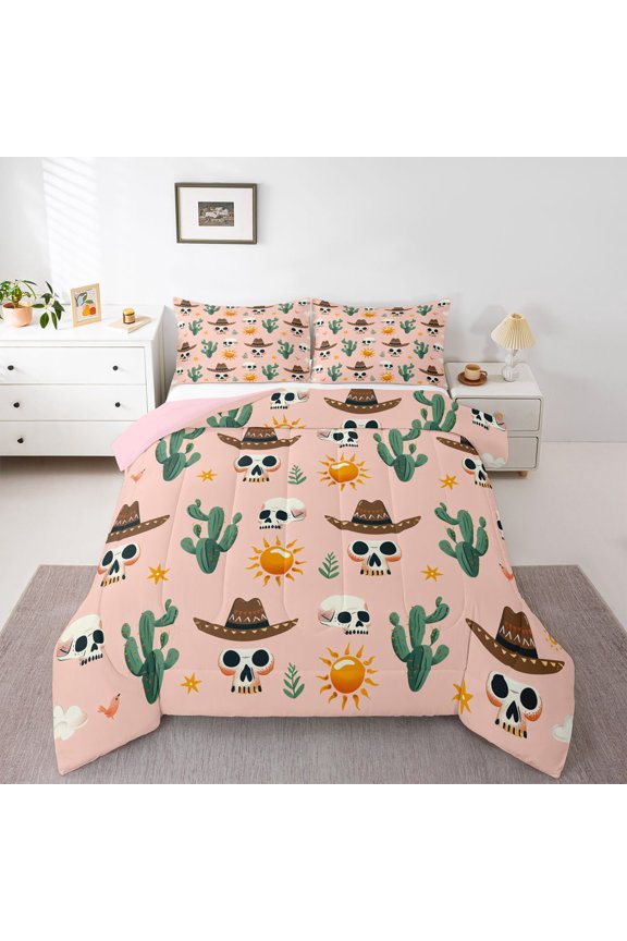 Hippie Skull Kids Twin Comforter Sets, Western Cactus Plant Bedding Set, 2pcs