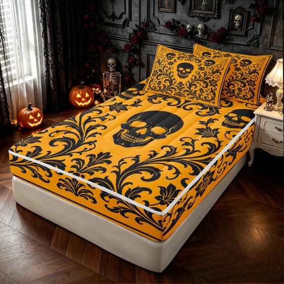 Feelyou Hippie Skull Zipper Full Size Comforter Sets with Fitted Sheet and 2 Pillowcases, Boho Damask Floral Zipper Bedding Set, Orange Black, Black Reversible, 4 Pieces