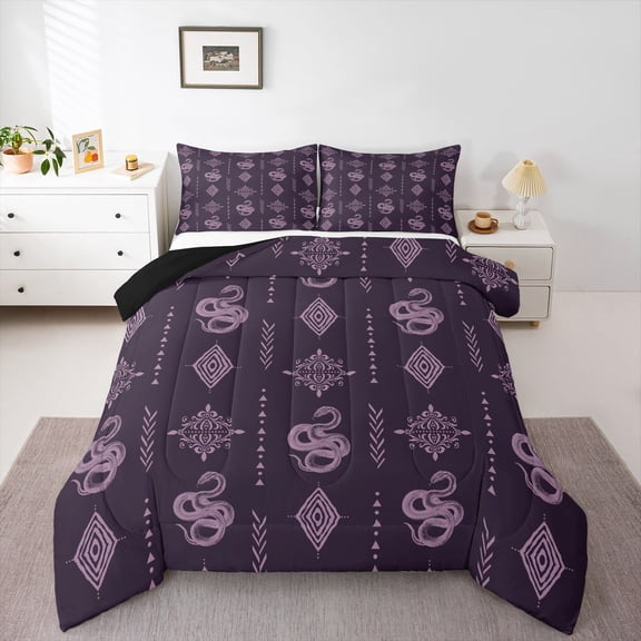 Feelyou Hippie Snake Damask Queen Comforter Set, Boho Aztec Abstract Bedding Set, 3pcs