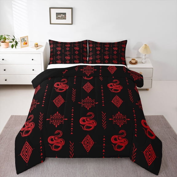Feelyou Hippie Snake Queen Comforter Set, Boho Damask Aztec Bedding Comforter Set, 3pcs