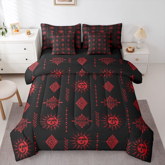Feelyou Hippie Sun Damask Twin Bedding Sets 7pcs, Retro Western Aztec Comforter Set